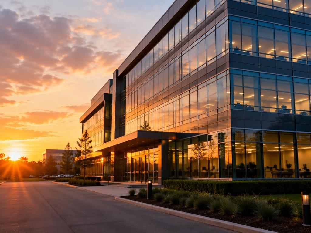 East West Insurance office building at sunset