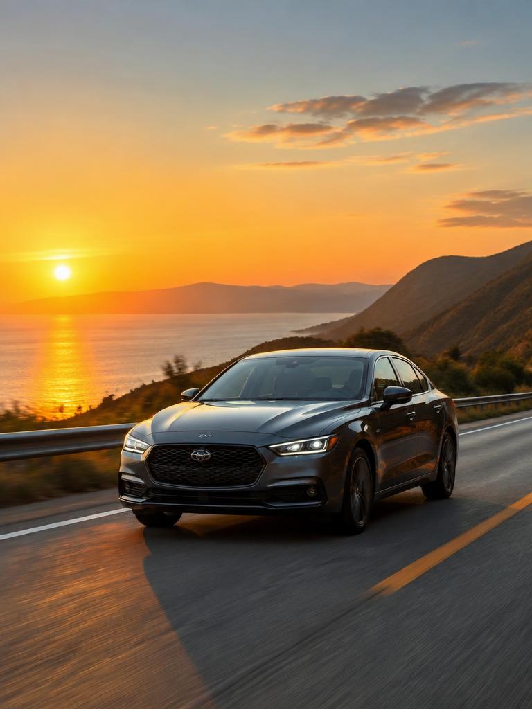 Sedan driving on a scenic highway at sunset